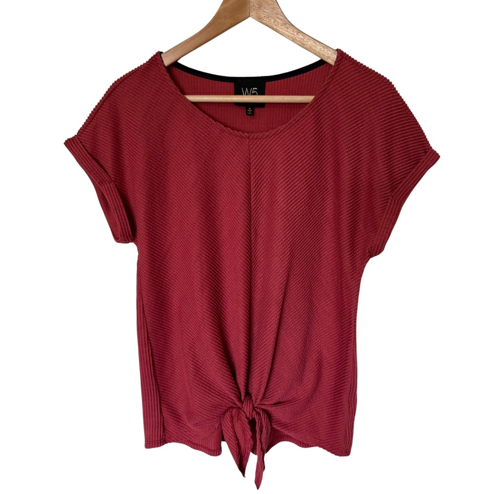 W5 Ribbed Front Knot Top Women Medium Rose Pink Excellent Cuffed Short Sleeve